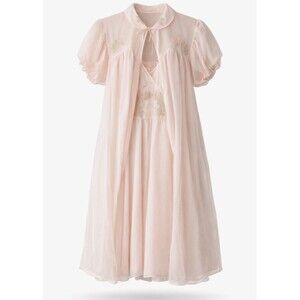 Vintage 1960s Van Raalte Pink Peignoir Set Lace Robe Nightgown Nylon NWT